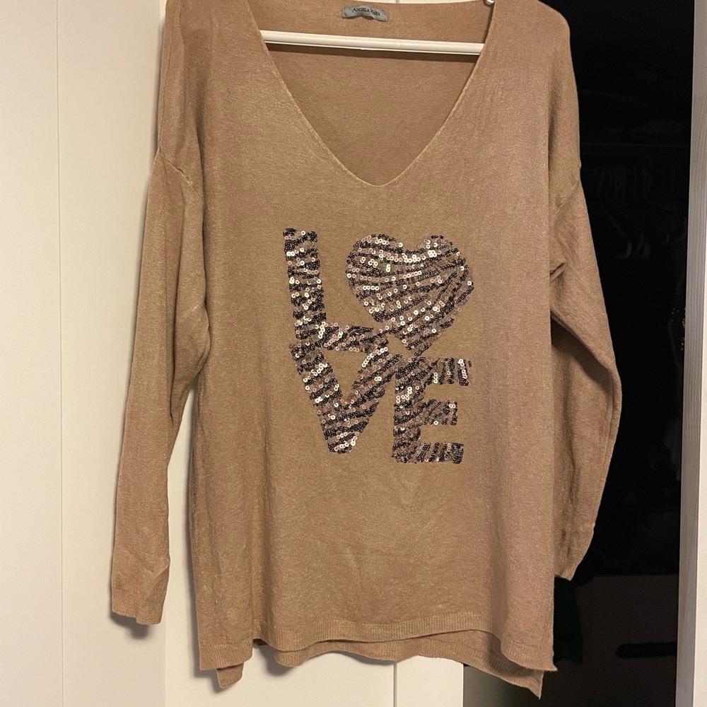 Angela Mara Tan Sweater with Sequin Love Design